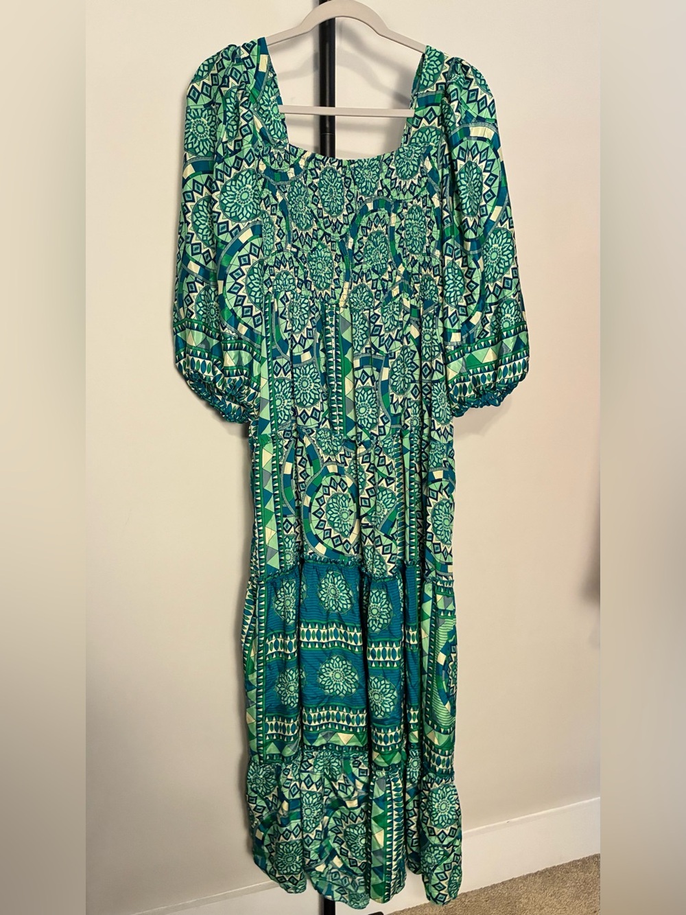 Me 2 Magic Boho Maxi Dress Green Blue Tiered Smock Bodice 2X - Picture 4 of 6